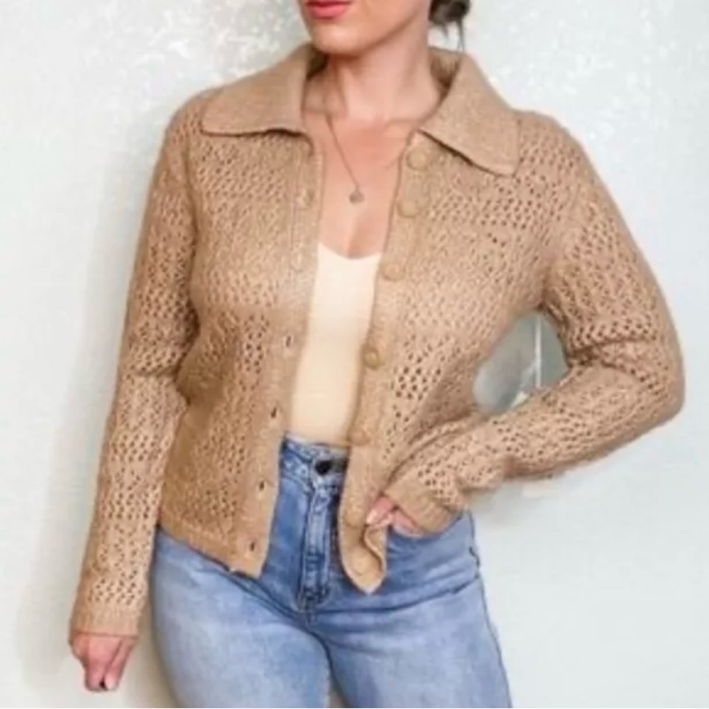 Joie Crochet Open Knit Collared Button Down Cardigan in Tan Brown Size XS